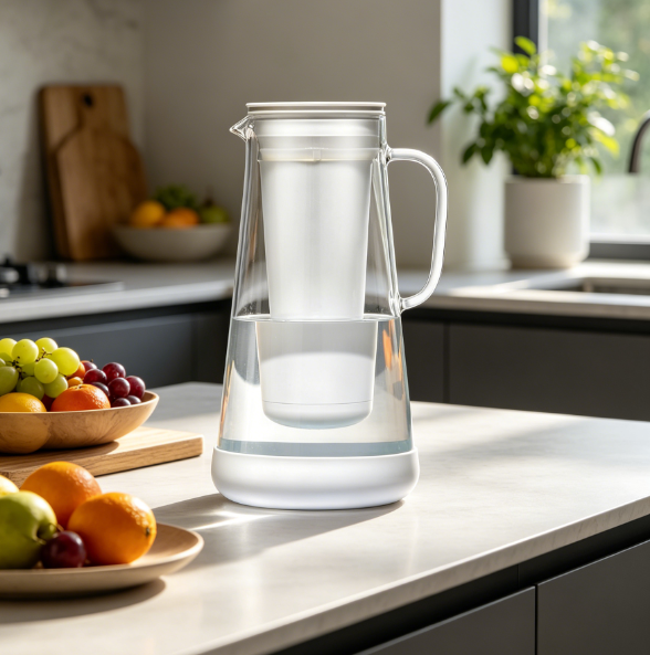Glass Water Filter Jug, 7-Cup, White with Silicone Base – Reduces Bacteria, Parasites, Microplastics, Lead, Mercury, PFAS and Chemicals